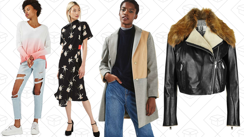 V Neck Dip Dye Jumper, $35 | Orchid High Neck Drape Dress, $60 | Colourblock Boyfriend Style Coat, $55 | Sadler Biker Jacket by Unique, $320